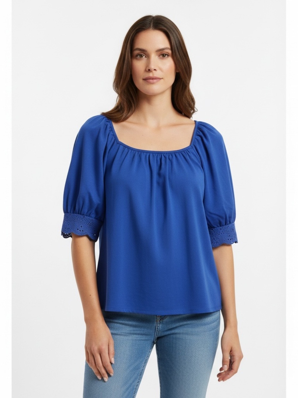 Ann Taylor Blue Puff Sleeve Scoop Neck Women's Top size large